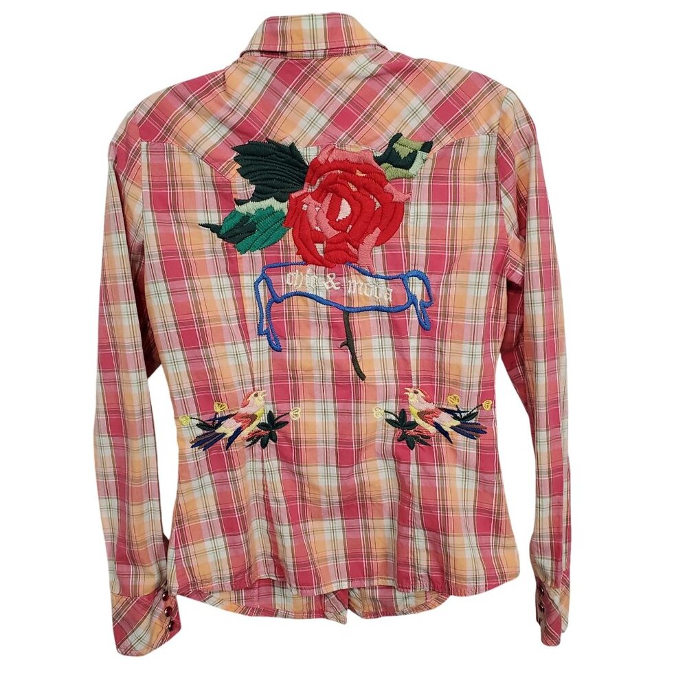 Vigoss M Shirt Girlie Western Pearl Snap Buttons Plaid Embroidered Floral Bird - Picture 1 of 13